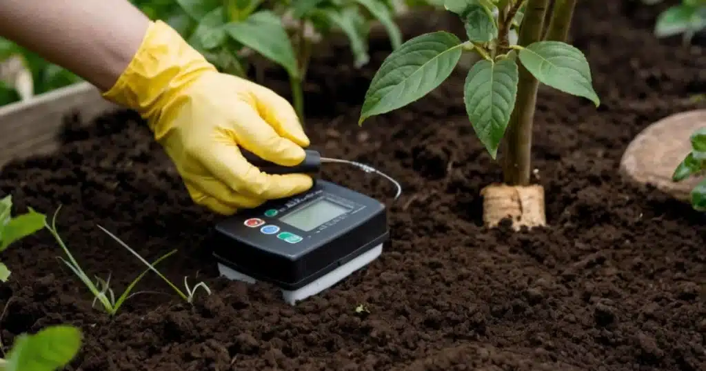 Gloved hand measuring soil quality with a digital soil tester near a young plant, essential for planting fruit trees.