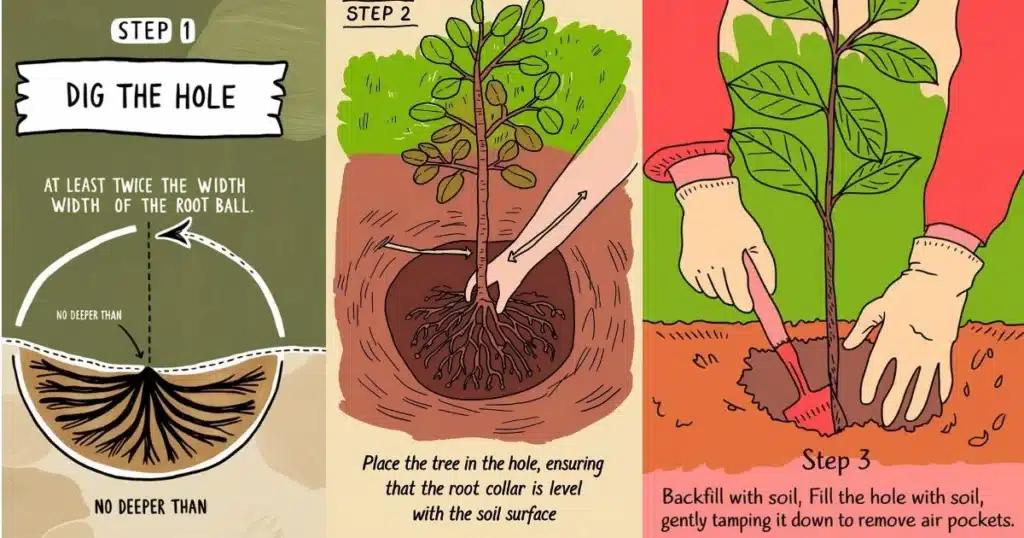 Step-by-step guide on planting fruit trees: digging a hole, placing the tree, and backfilling with soil.