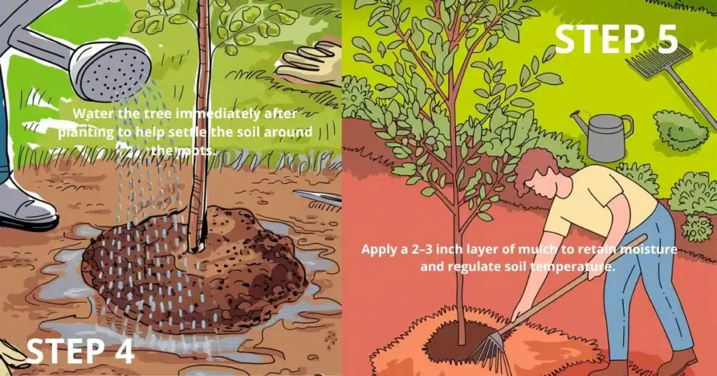 Steps 4 and 5 of planting fruit trees: watering the newly planted tree and applying mulch around the base.