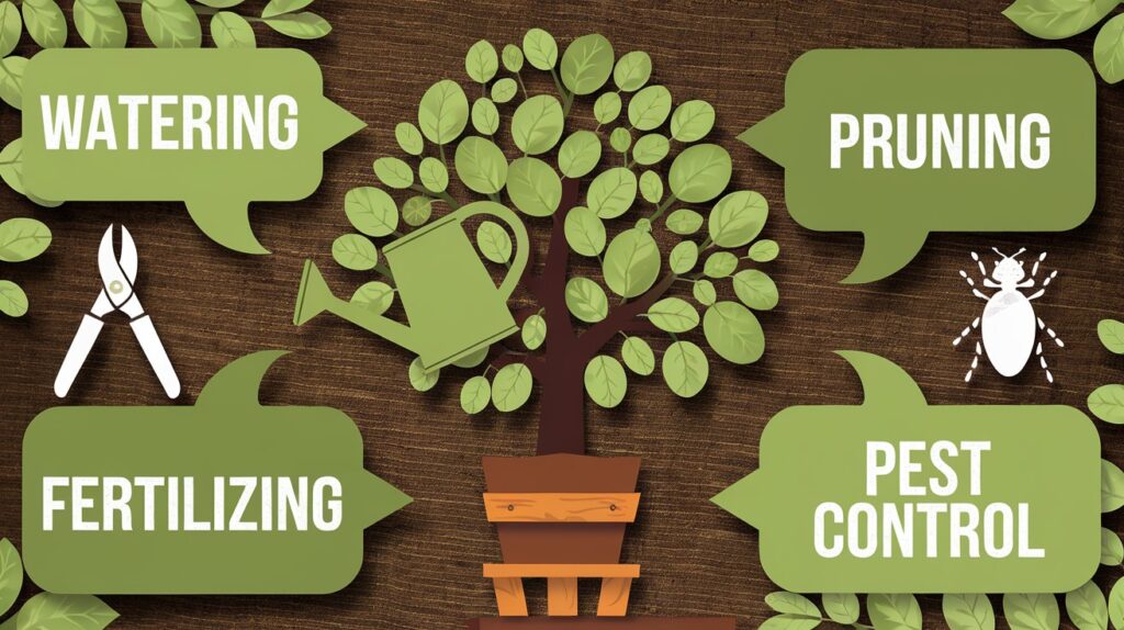 Illustration of a tree surrounded by icons for watering, pruning, fertilizing, and pest control tips for planting fruit trees