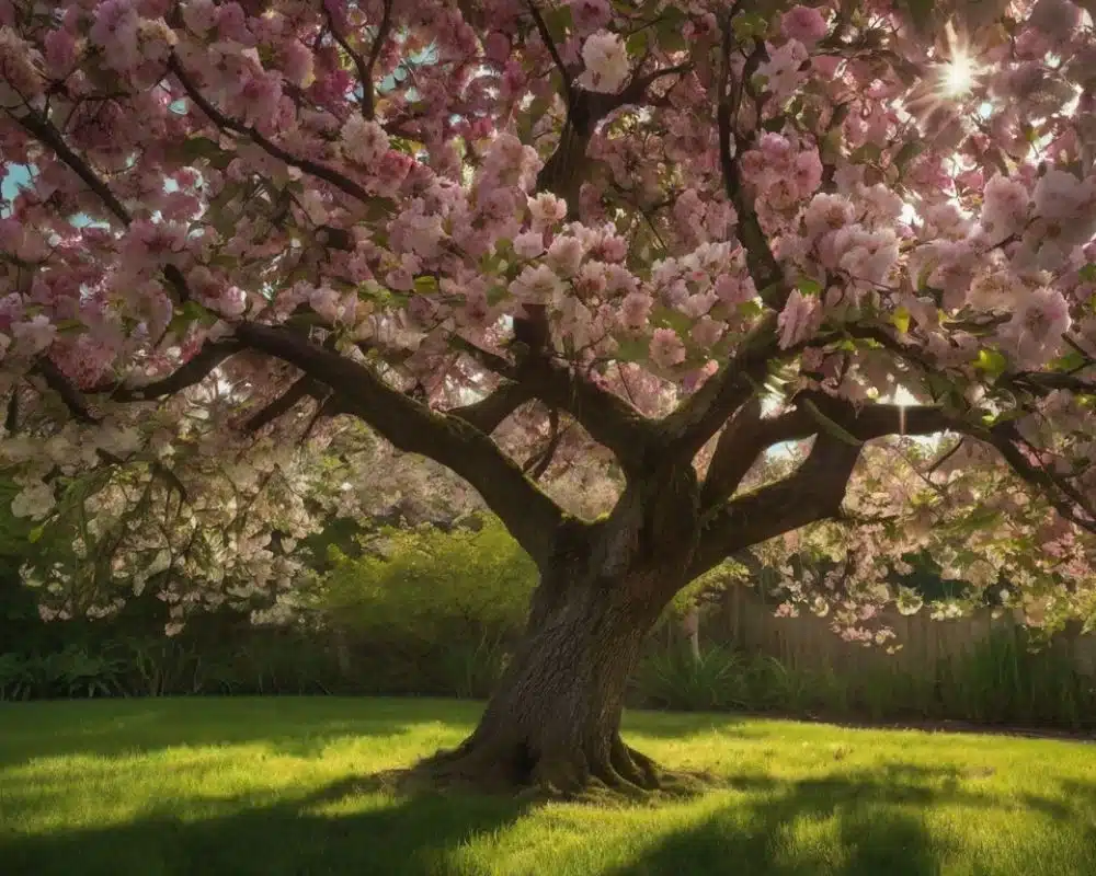 A majestic Crabapple tree with vibrant pink blossoms, bathed in warm sunlight on a grassy lawn.