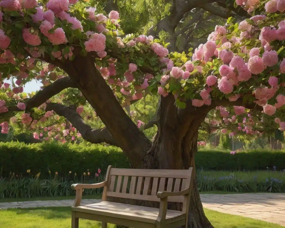 A wooden bench placed under a blooming ornamental tree with lush pink flowers in a peaceful garden.