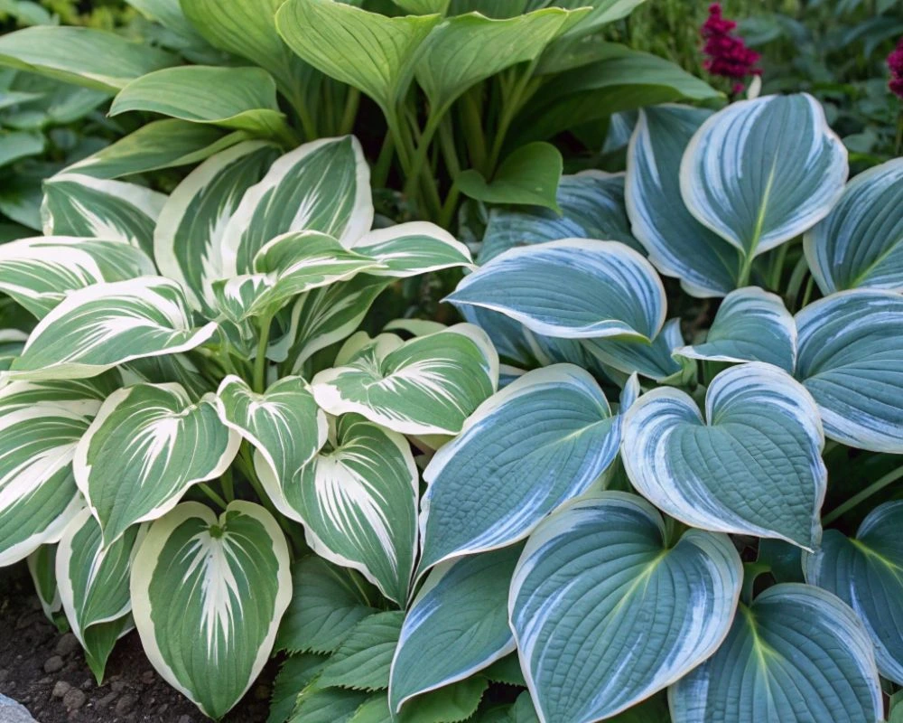 Hostas with a variety of leaf colors and textures, including green, blue, and variegated types