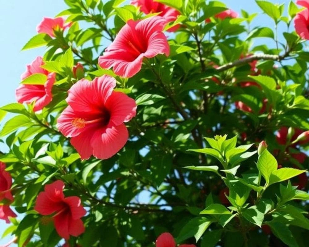 Close-up of a blooming hibiscus tree with vibrant flowers.