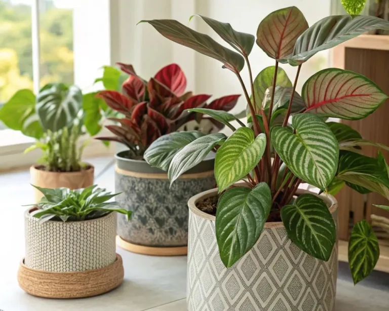Various Homalomena plant varieties with diverse leaf patterns in decorative pots