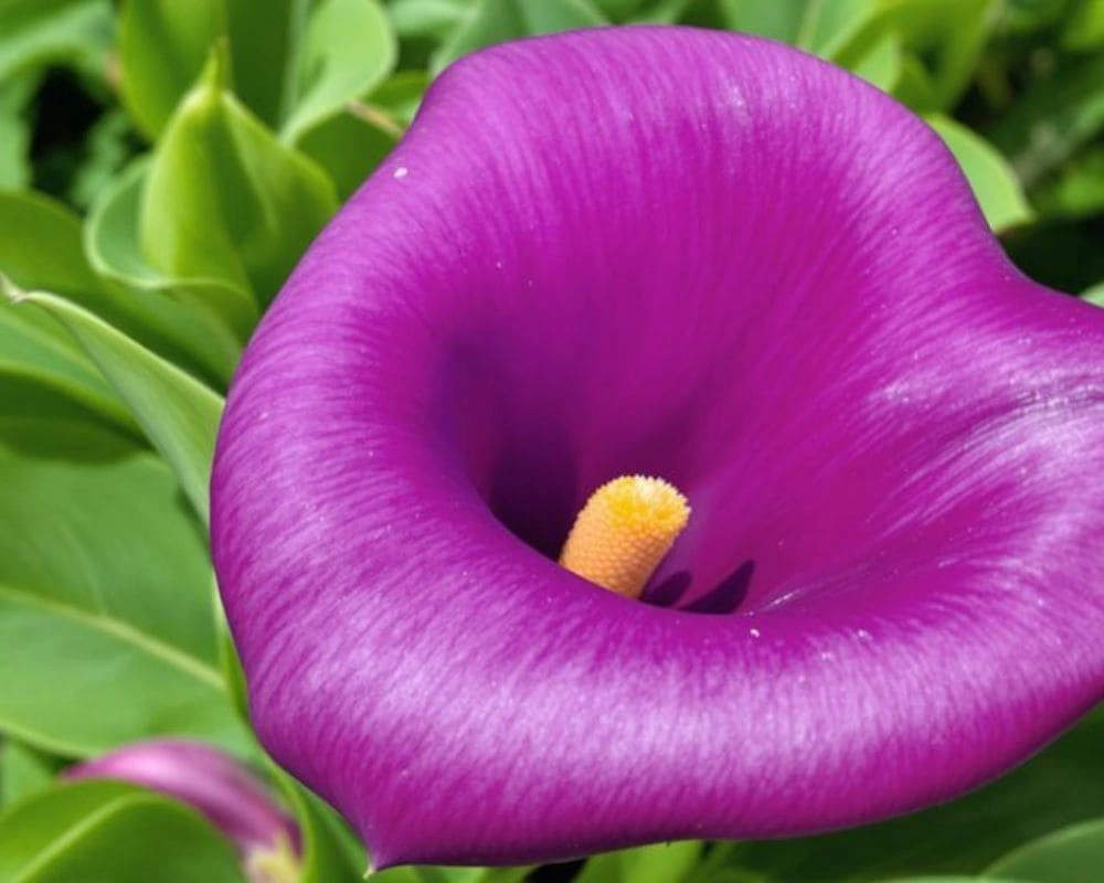 Purple Calla Lily blooming with lush green leaves.