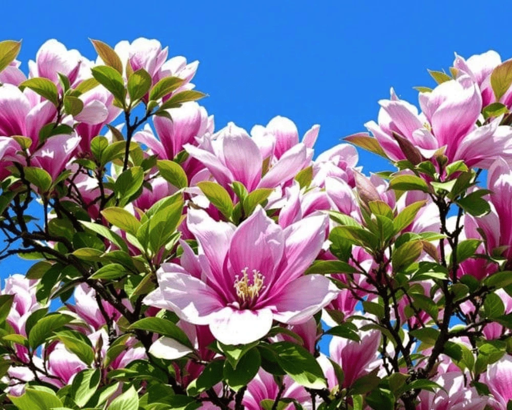 Close-up of a blooming hibiscus tree with vibrant flowers.