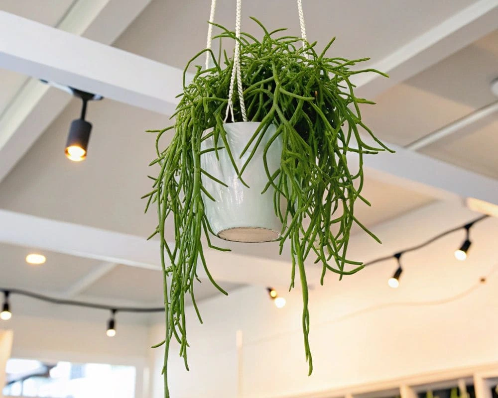 Rhipsalis plant with cascading green stems in a white hanging pot, displayed in a modern indoor setting with soft lighting.