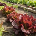 Thriving garden bed of red leaf lettuce in various stages of growth under natural sunlight.