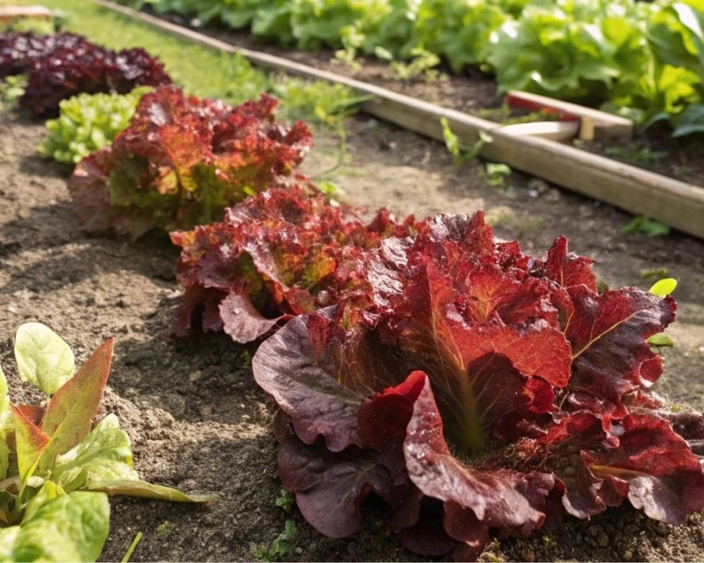 Thriving garden bed of red leaf lettuce in various stages of growth under natural sunlight.