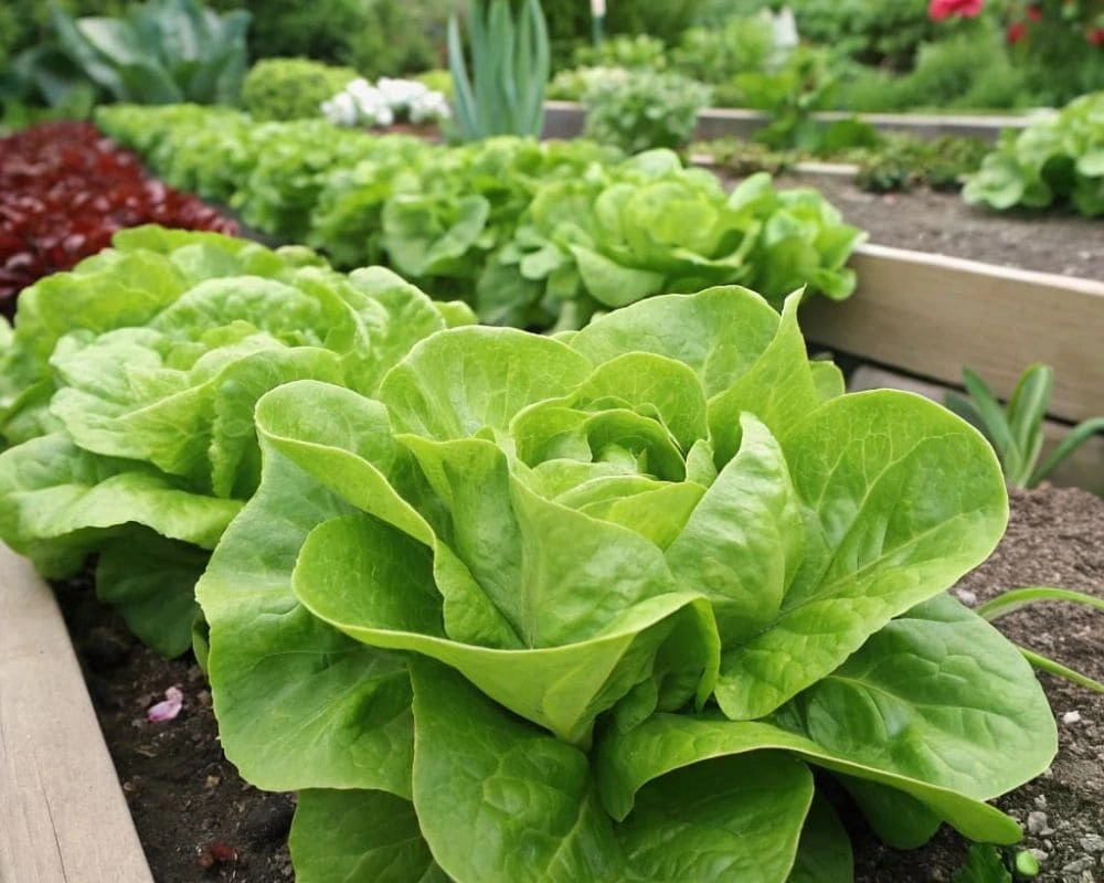 Healthy butterhead lettuce growing in a garden with lush, green leaves.