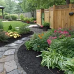 A pile of black rubber mulch surrounded by vibrant green plants in a garden.