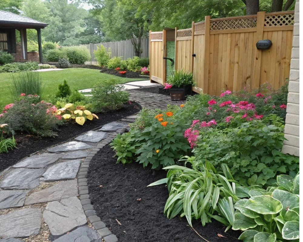 A pile of black rubber mulch surrounded by vibrant green plants in a garden.