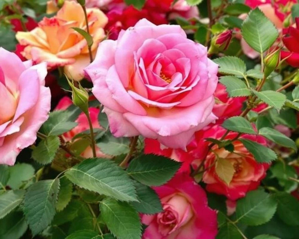 Gardener examining long stem rose leaves for signs of disease.