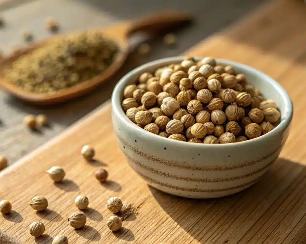 Close-up of coriander seeds in a ceramic bowl on a wooden counter.
