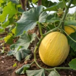 A yellow Casaba melon growing on a vine surrounded by green leaves in a garden.