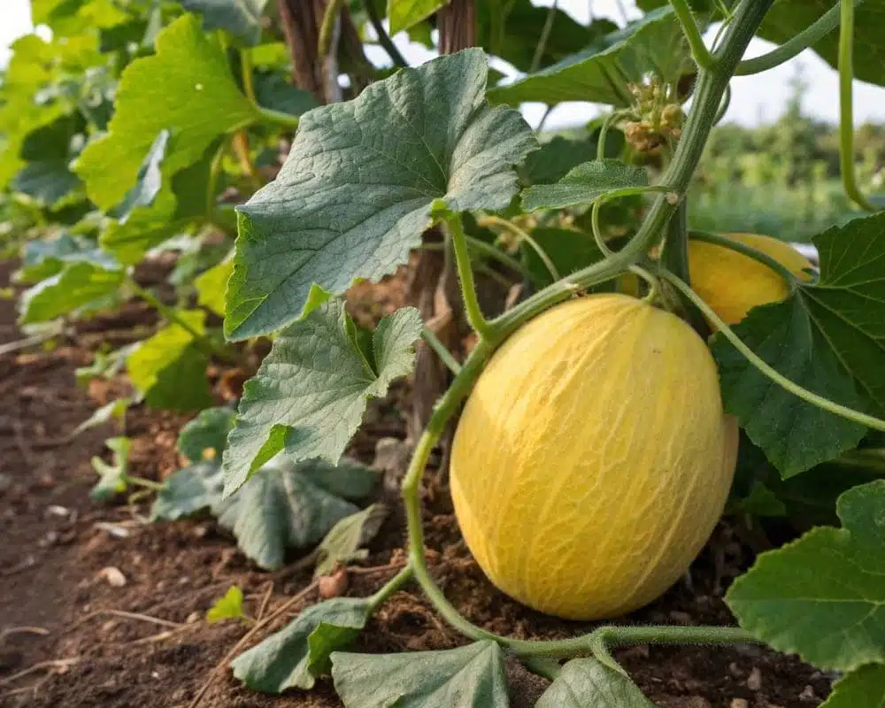 A yellow Casaba melon growing on a vine surrounded by green leaves in a garden.
