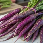 Purple carrots with their rich, vibrant color and unique shape.