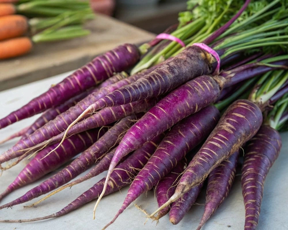 Purple carrots with their rich, vibrant color and unique shape.