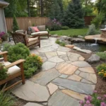 Rock patio with natural stone slabs, cozy seating, lush greenery, and a water feature creating a serene outdoor retreat.