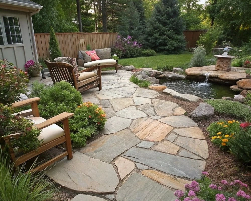 Rock patio with natural stone slabs, cozy seating, lush greenery, and a water feature creating a serene outdoor retreat.