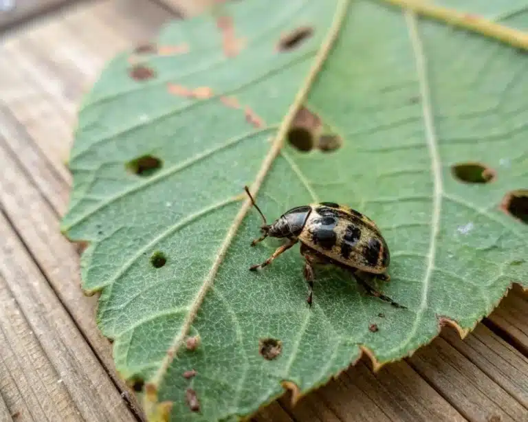 Close-up of a Carpet Beetle on a leaf with visible damage.