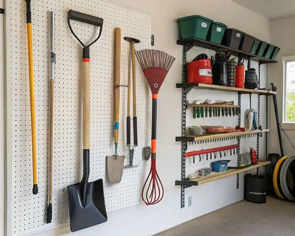 Wall-mounted garden tool organizer with neatly arranged tools.