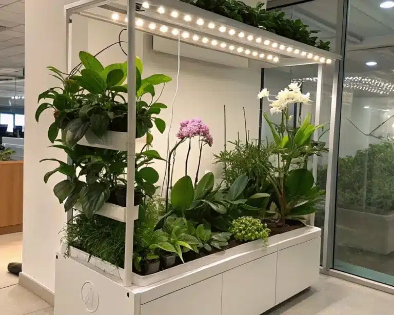 Hydroponic planter system indoors with vibrant houseplants and orchids under plant lights.