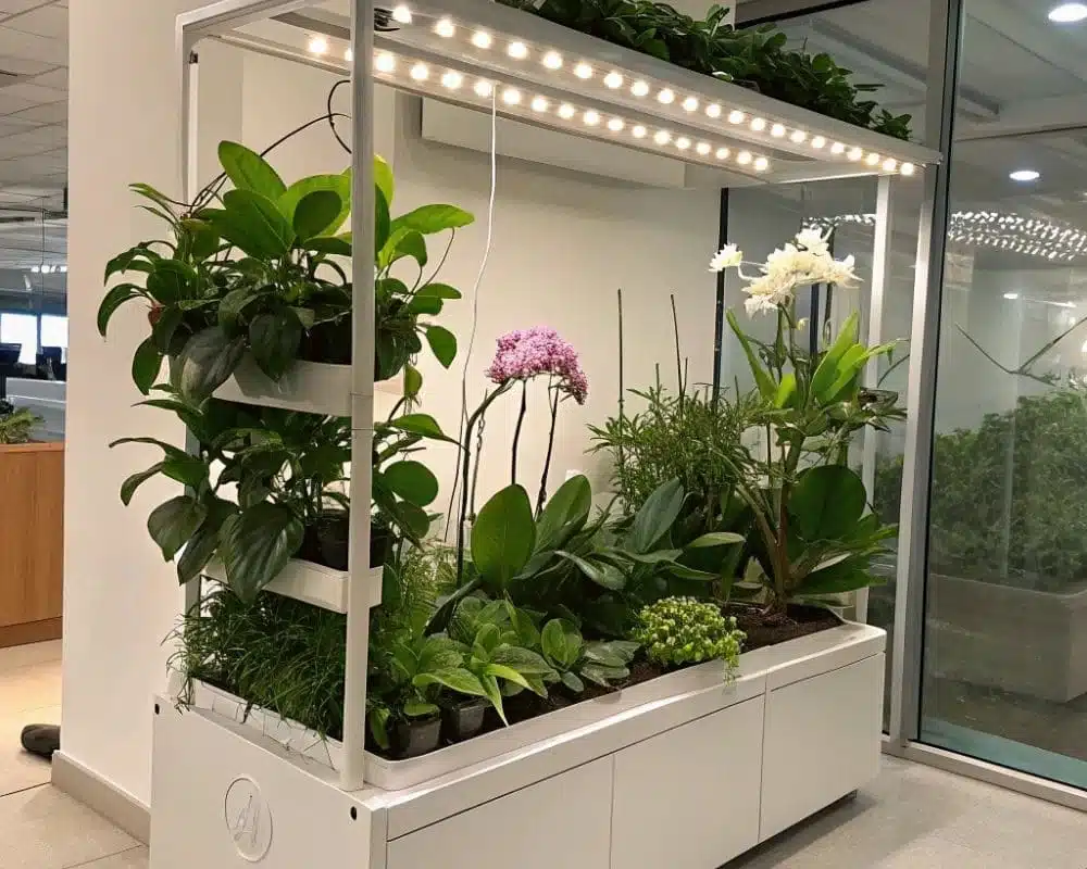 Hydroponic planter system indoors with vibrant houseplants and orchids under plant lights.