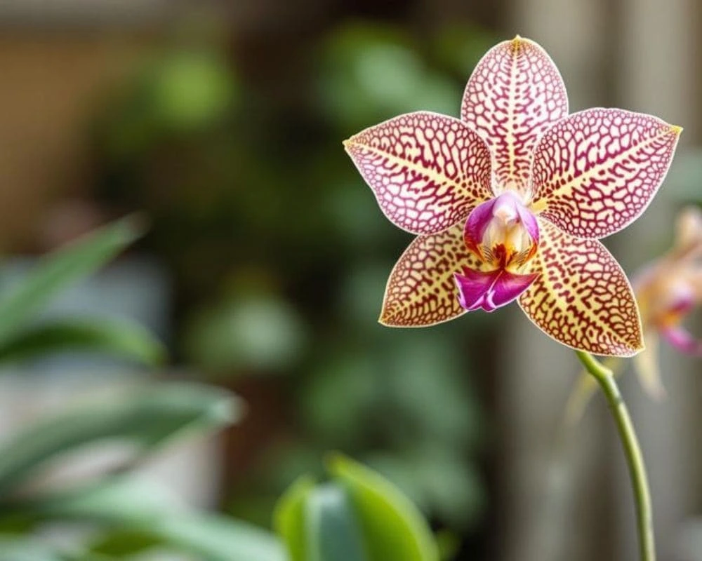 Close-up of a Jewel Orchid with striking, colorful leaf patterns and vibrant green hues.