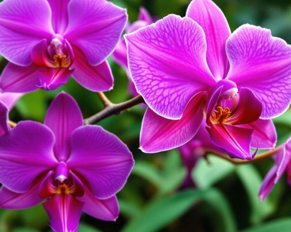 Vibrant purple orchids amidst lush green leaves.