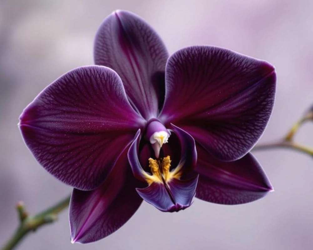 Black orchid flower with dark petals standing out against a light background, symbolizing seduction and mystery.