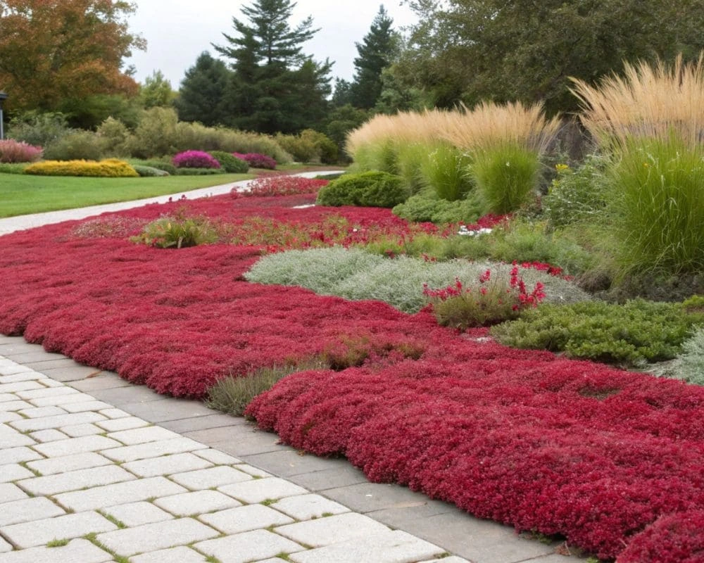 Red creeping thyme in full bloom, showcasing red flowers and green foliage.