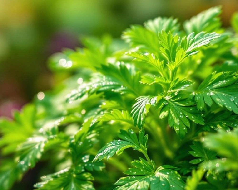 Close-up of vibrant green Italian parsley leaves with detailed textures and edges