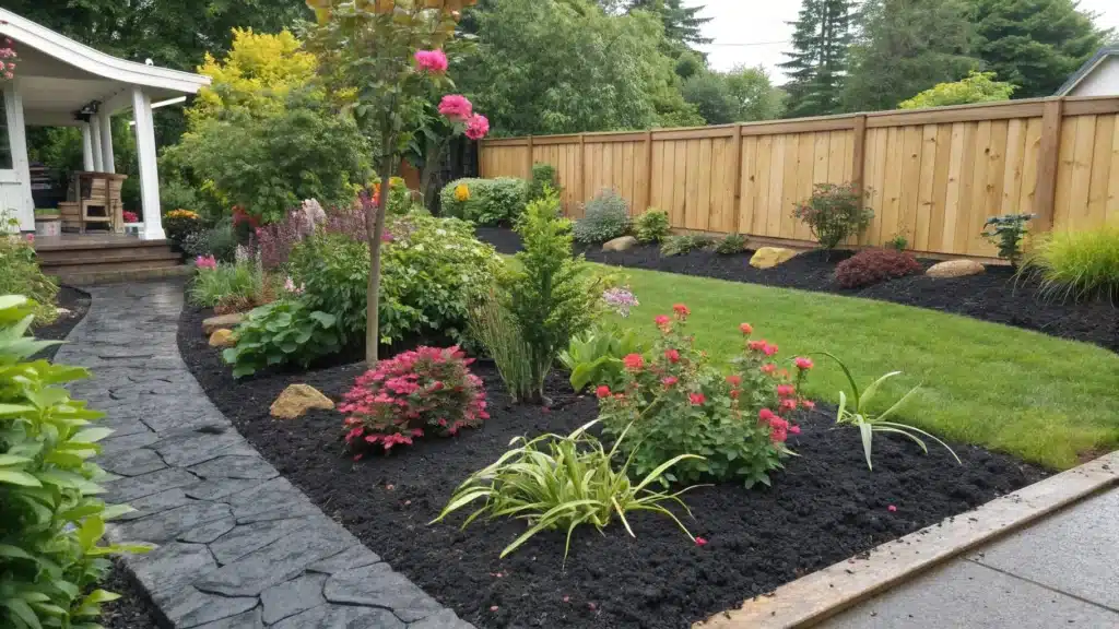 A garden with black rubber mulch, showcasing sustainable and eco-friendly landscaping.