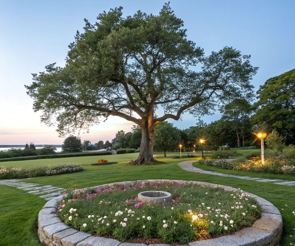 Landscaping Around Trees with a large tree surrounded by grass and flower beds.