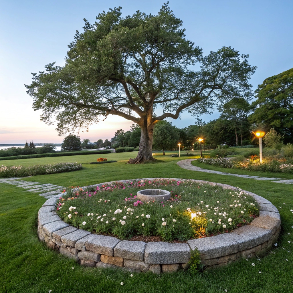 Landscaping Around Trees with a large tree surrounded by grass and flower beds.