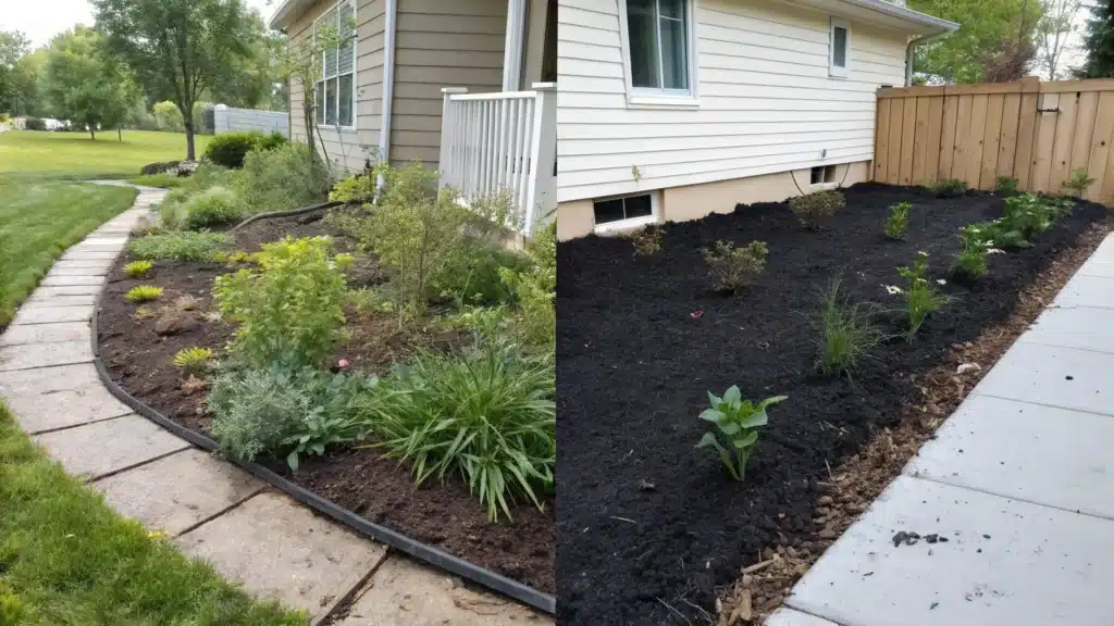 A garden comparison showing the impact of black rubber mulch on appearance and weed control.
