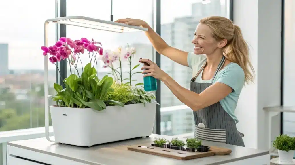 Step-by-step visuals of setting up a hydroponic planter with plant lights and houseplants.