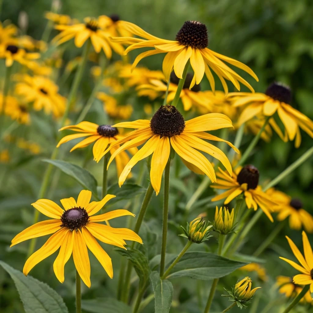 Close-up of Rudbeckia Goldsturm flowers in full bloom, featuring golden petals and a dark central cone.