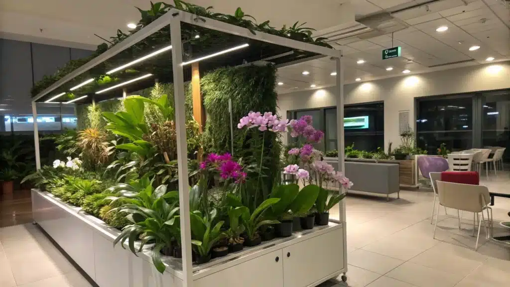 Hydroponic planter with houseplants and orchids thriving under plant lights in a modern indoor space