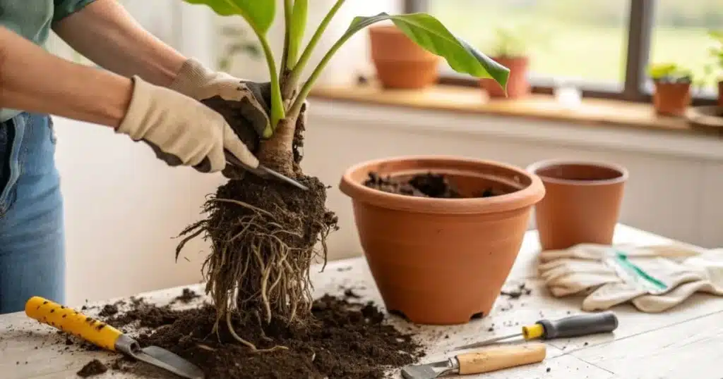 Hands repotting a banana leaf plant, carefully transferring roots into a new pot with fresh soil.