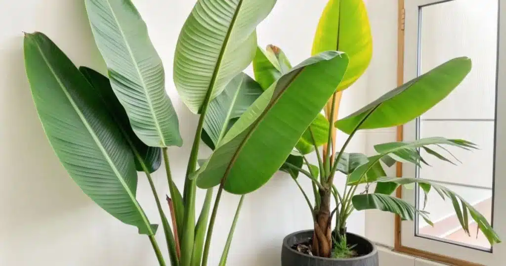 A vibrant, healthy banana leaf plant with glossy green leaves in a minimal indoor setting.