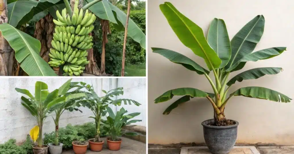 Various banana leaf plant species with unique leaf shapes and colors displayed side by side.
