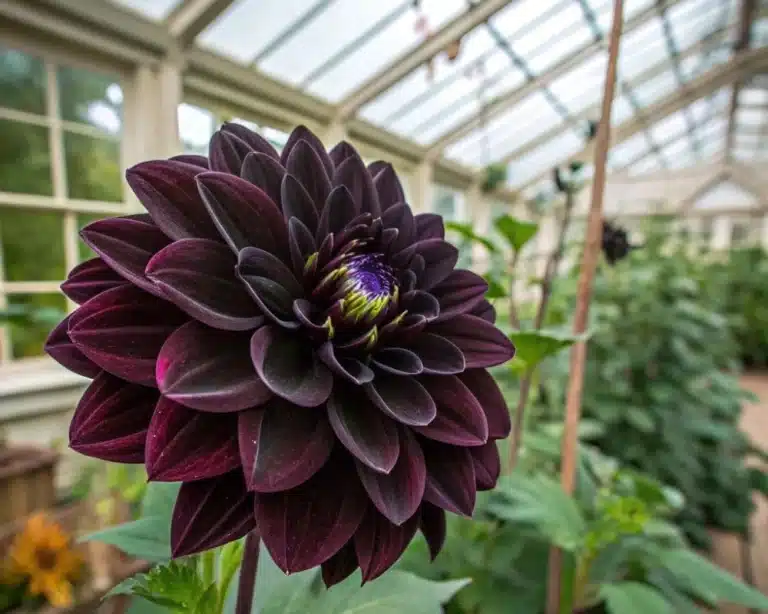 Close-up of a Dahlia Black Flower in full bloom, showcasing its deep velvety petals with a blurred green garden background