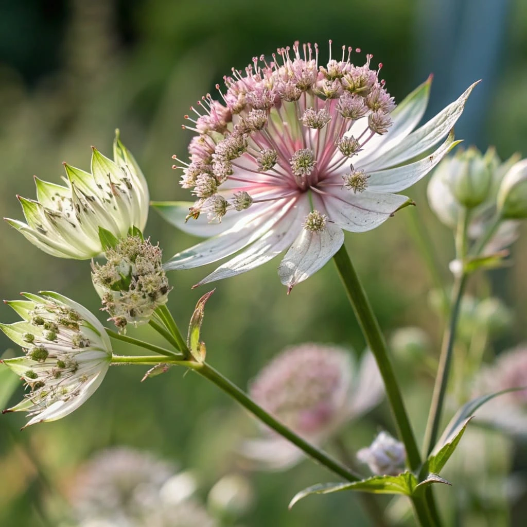 Close-up of an Astrantia flower with delicate bracts surrounding its central bloom.