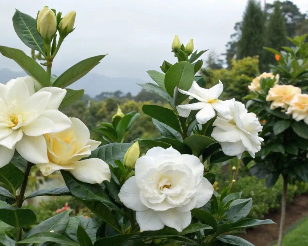 A beautiful gardenia flower in full bloom, showcasing its white petals and glossy green leaves.