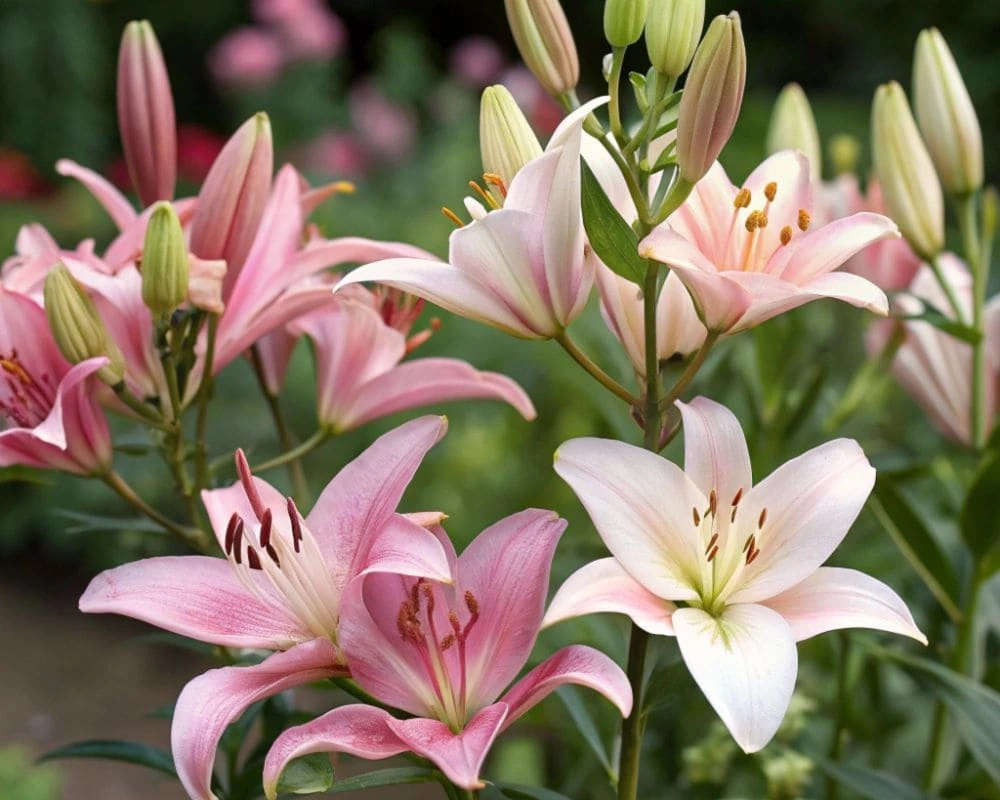 Different varieties of Moist, rich soil with freshly planted and watered pink lily flowers in bloom in a garden, showcasing varied shapes and colors