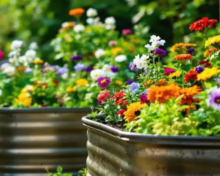 Overview of a lush garden featuring vibrant flowers and plants thriving in metal raised beds. Raised Metal Garden Beds: The Best Choice for your Plants!