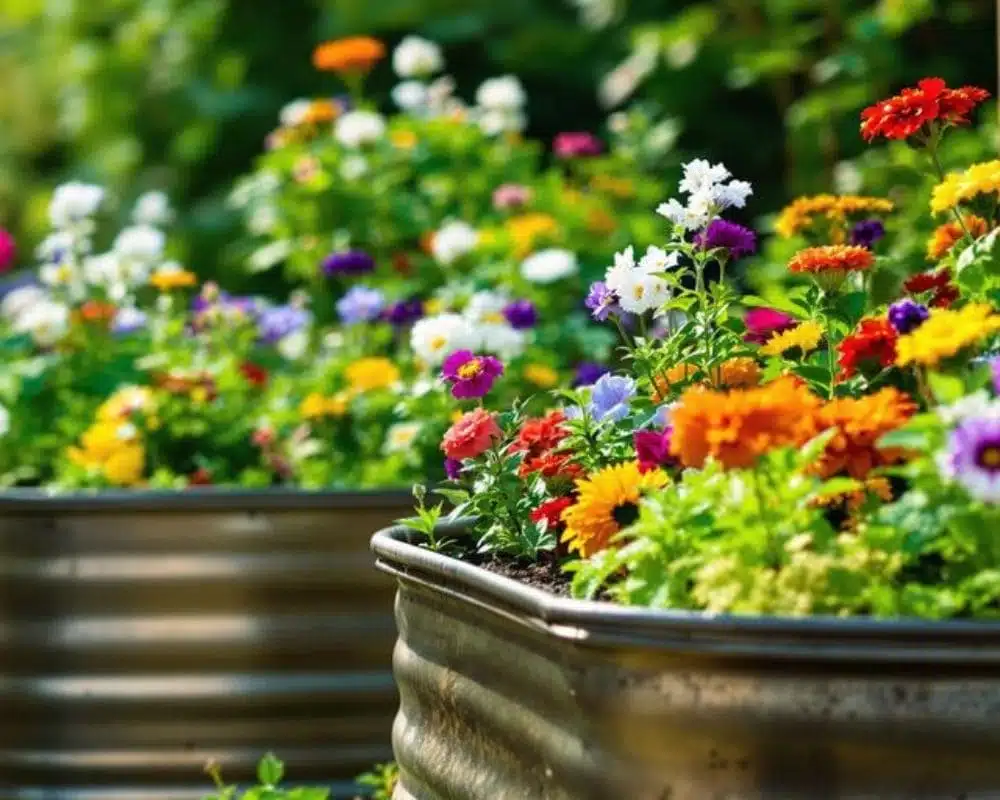 Overview of a lush garden featuring vibrant flowers and plants thriving in metal raised beds. Raised Metal Garden Beds: The Best Choice for your Plants!